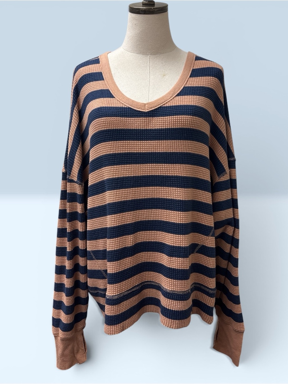 *LIKE NEW* aerie Striped Long Sleeve Waffle Knit Top in Navy and Tan